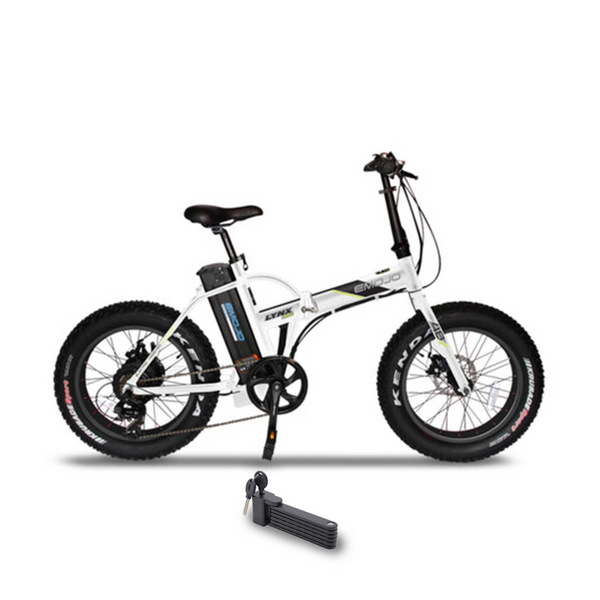 E-Mojo 500W Lynx PRO Fat Tire Folding blue rims bicycle side with Lock